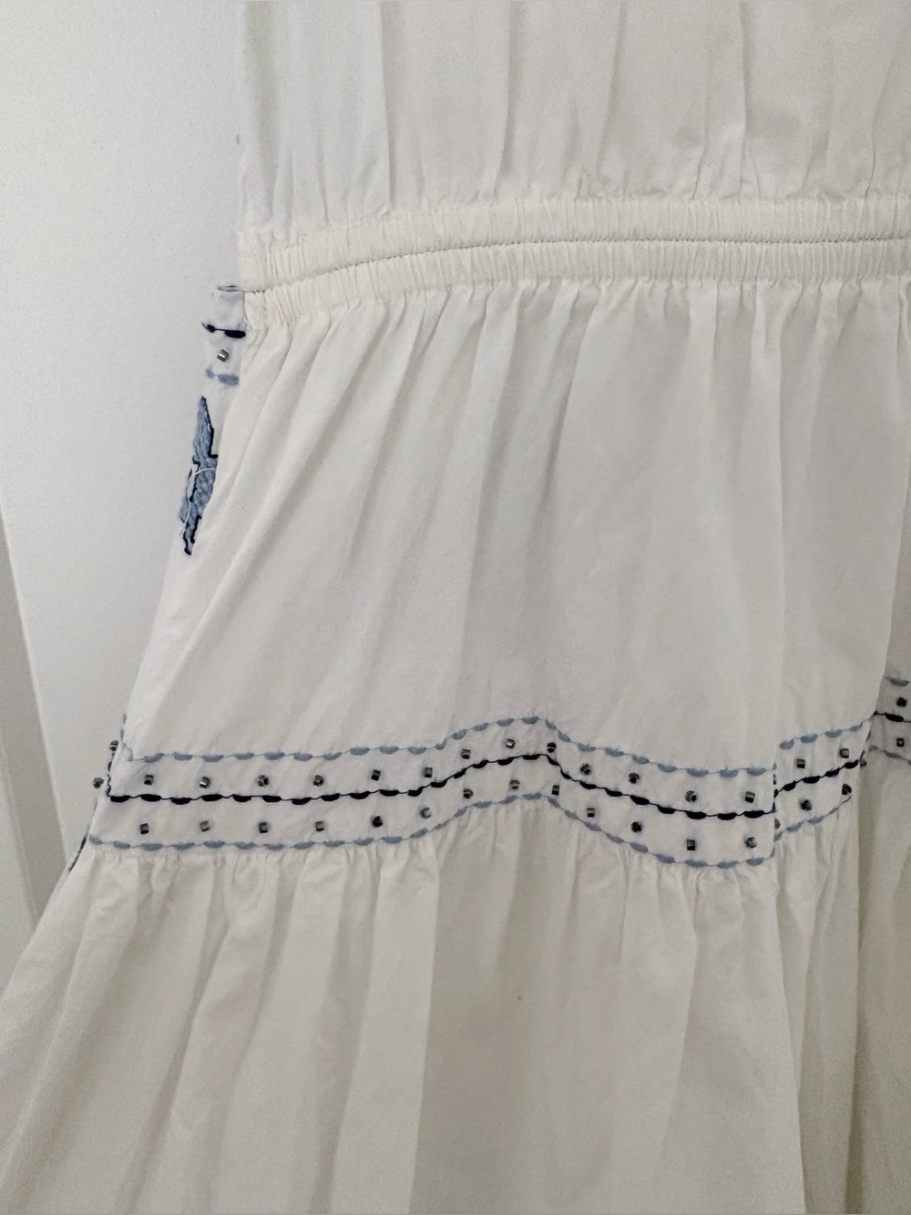 Zara Grecian Inspired White and Blue Embroidered Sleeveless Midi Dress NWOT - Picture 12 of 14